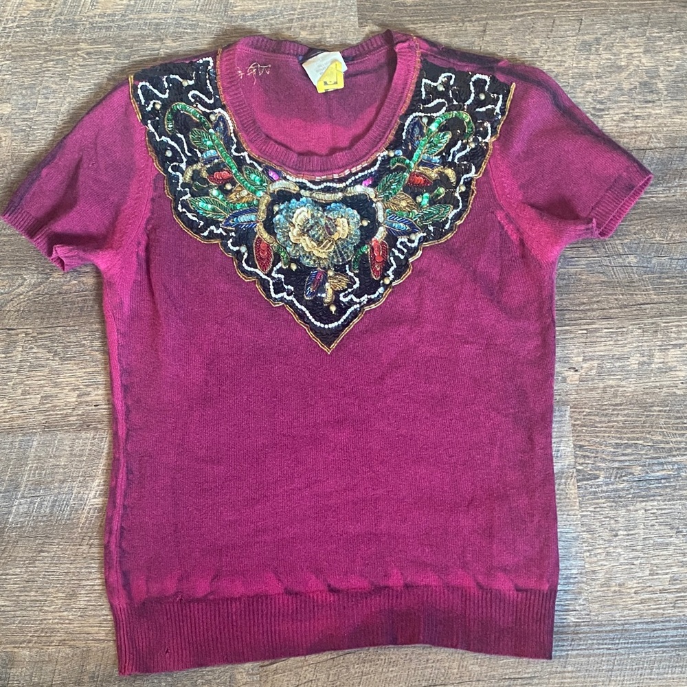Embellished Purple Short Sleeve Cashmere Top